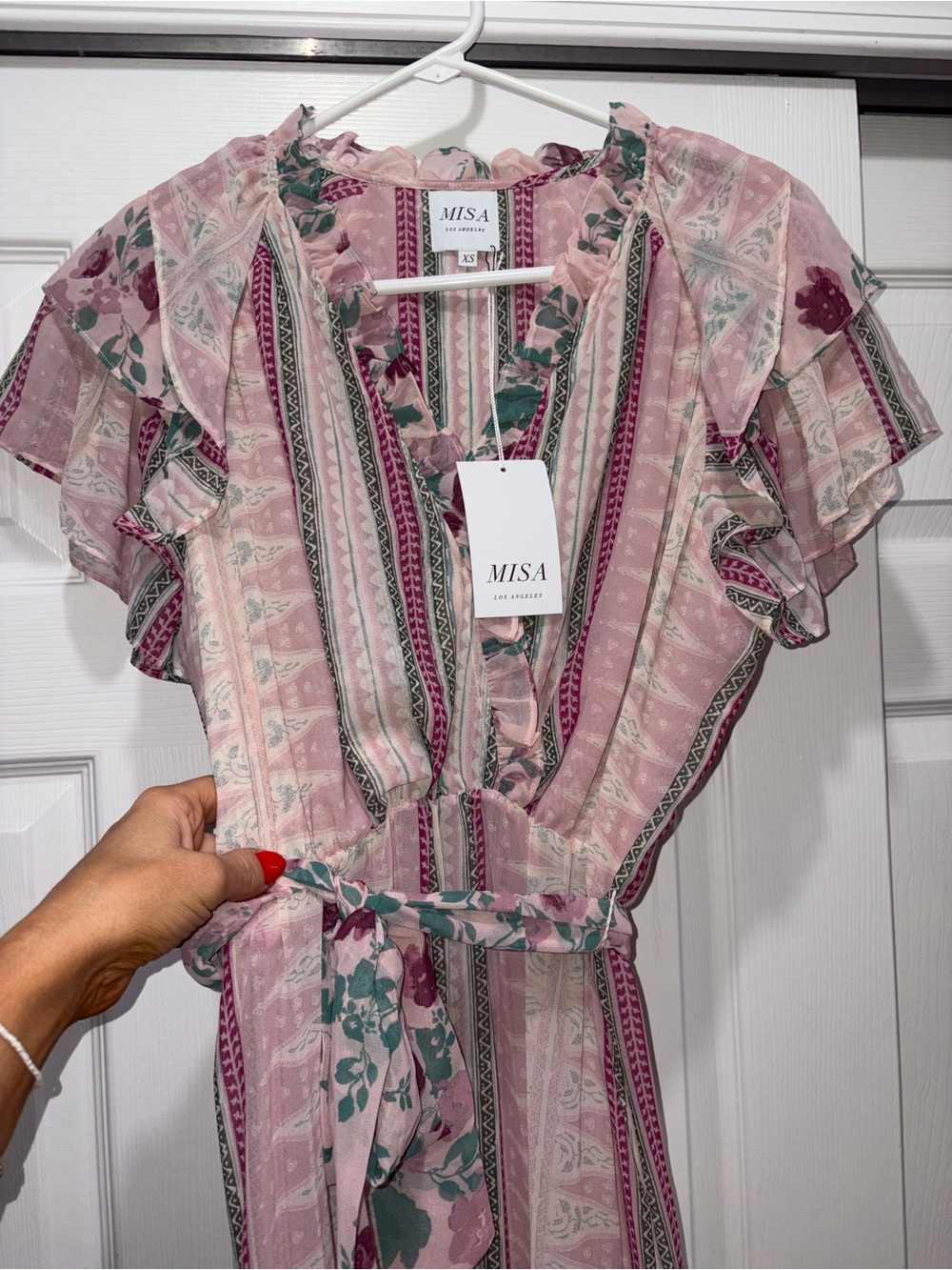 NWT Size XS MISA Floral Ruffle Midi Dress in Dusty Rose and Green